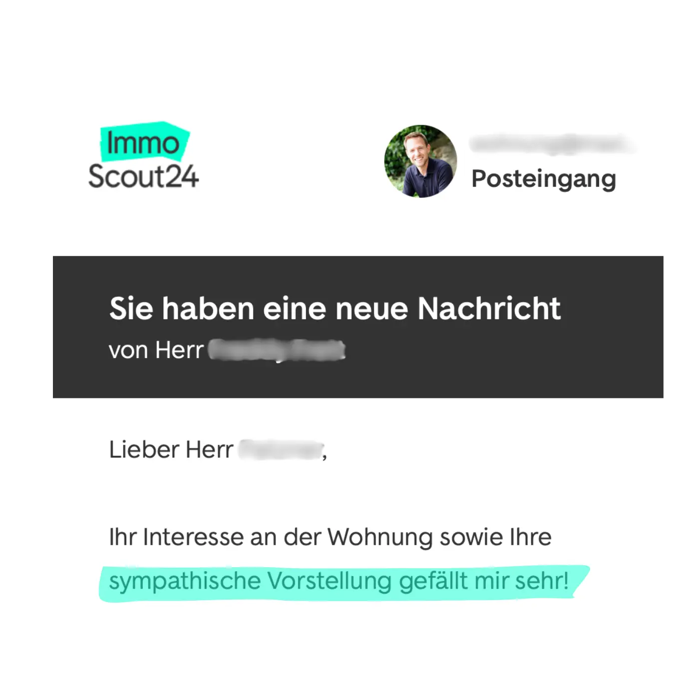 Ein Foto einer Antwort auf ImmoScout24 eines Vermieters auf die professionelle Wohnungsbewerbung